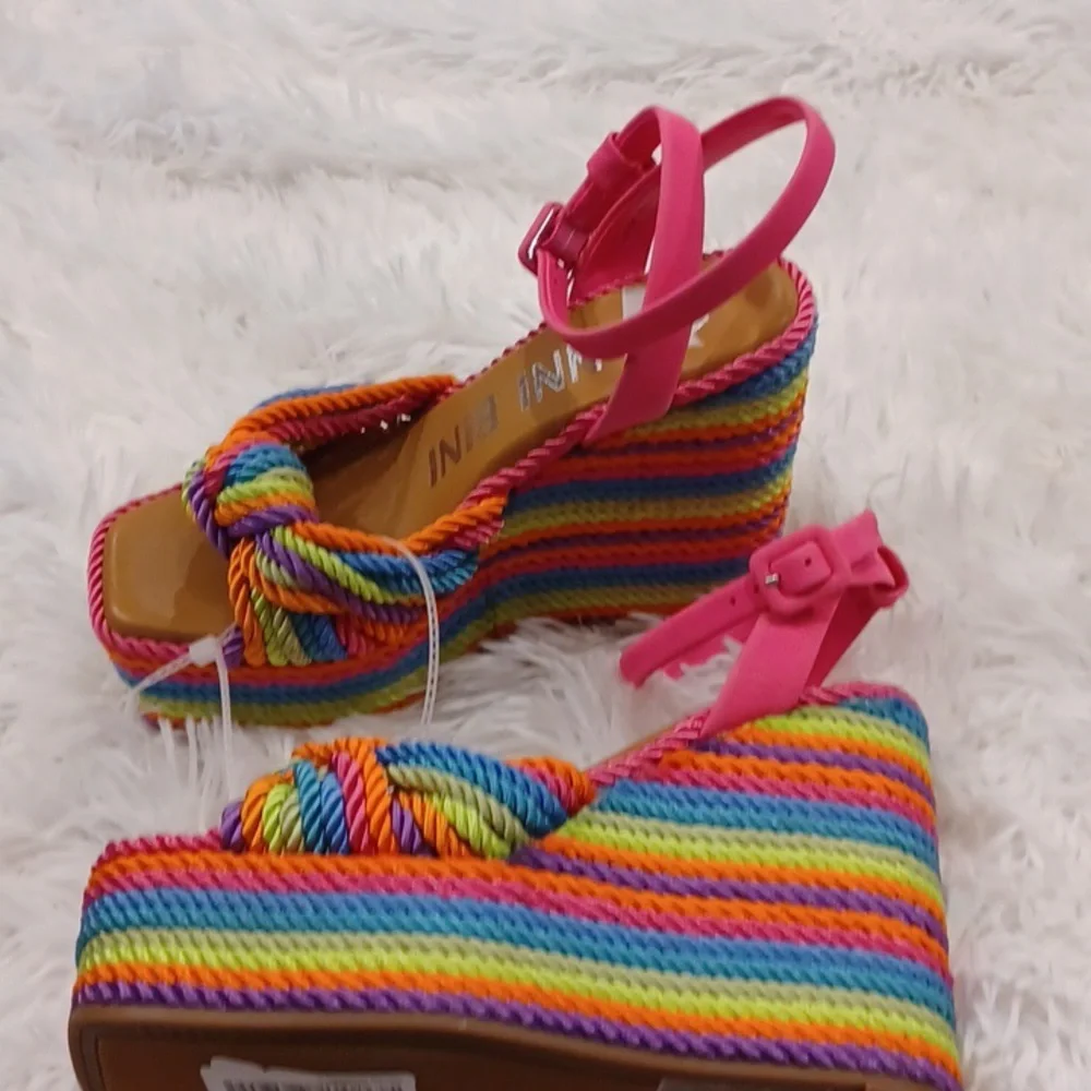 Gianni Bini Rainbow Striped Platform Sandals with Pink Straps
